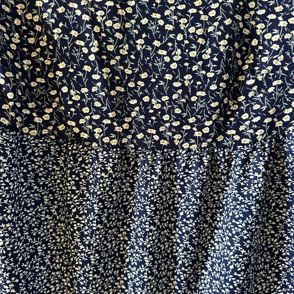 Classic Navy Floral Modest Midi Dress Feminine Church Teacher Style 1XL - Picture 2 of 7